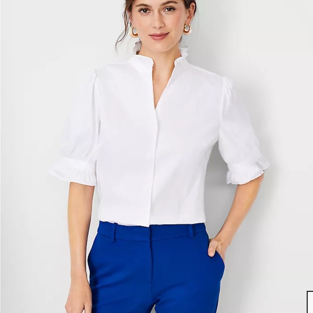 Ann Taylor White 1/2 Sleeve Crop Button Down Shirt